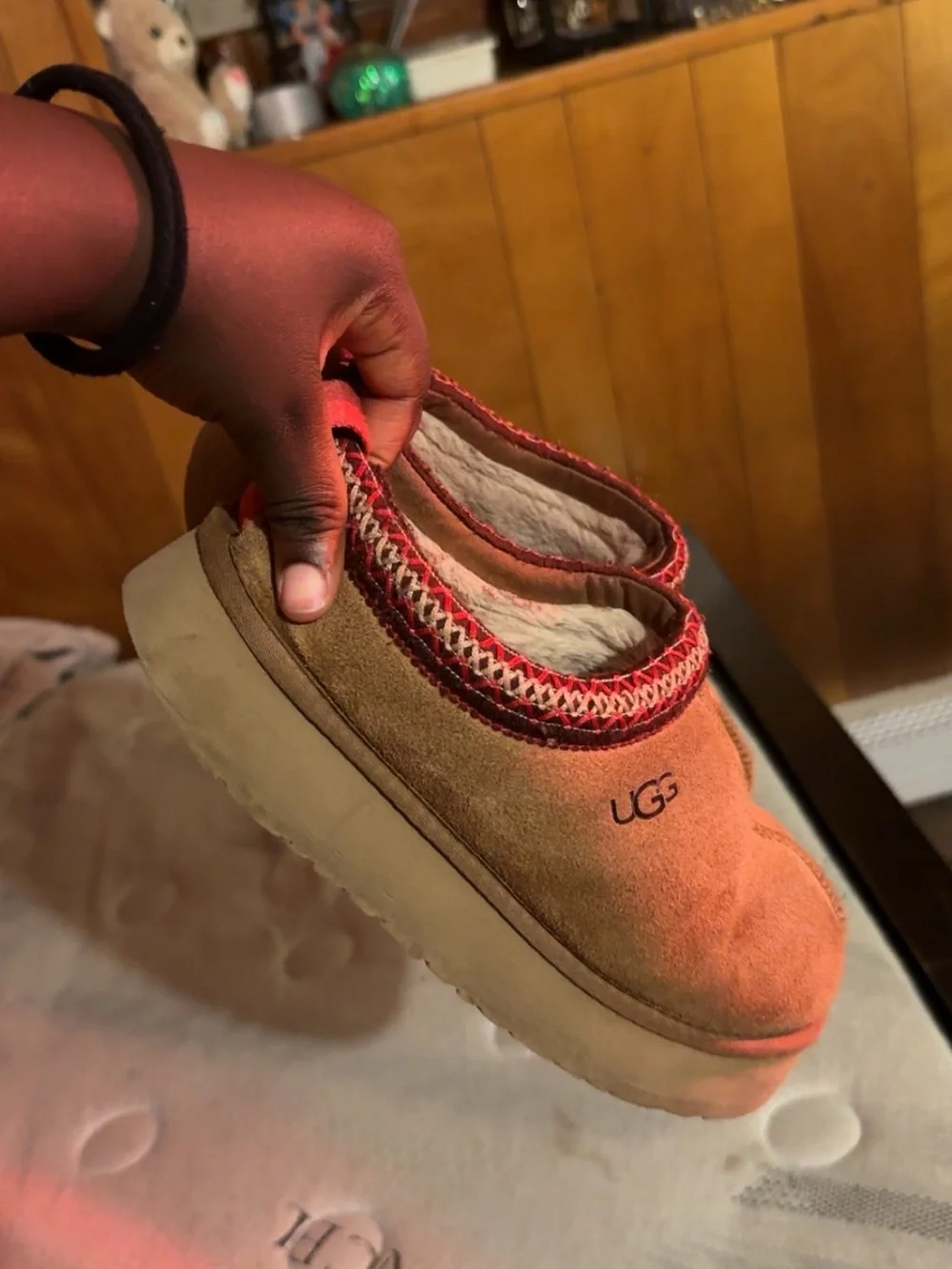 UGG Chestnut Suede Slip-On Slippers with Red Trim and Fleece